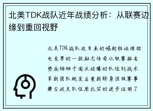 北美TDK战队近年战绩分析：从联赛边缘到重回视野
